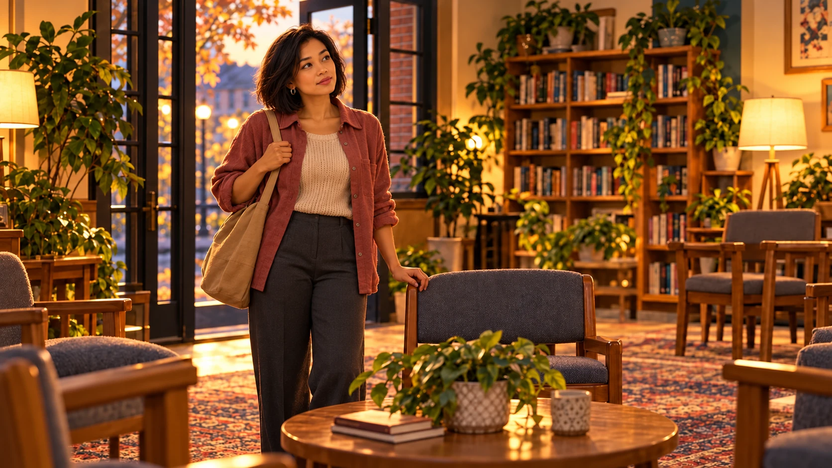 Jade stands beside an empty gray chair at Hope Street before anyone else arrives.