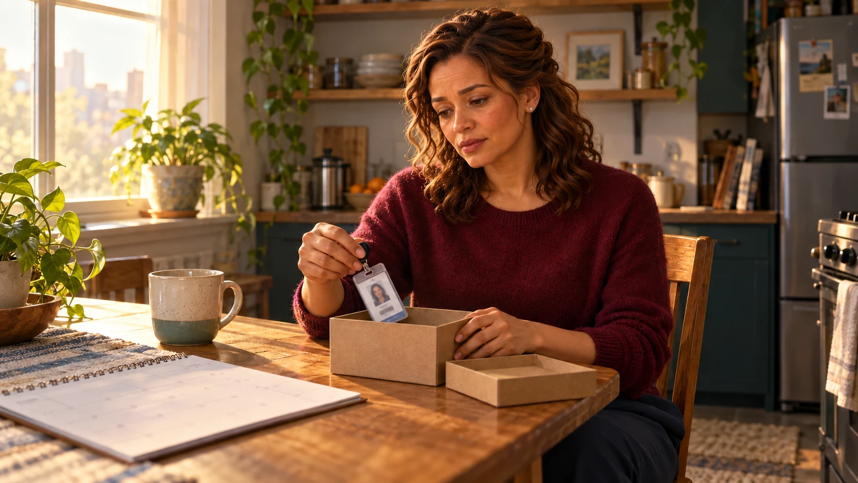 Elena puts her old work badge into a small box at her kitchen table.