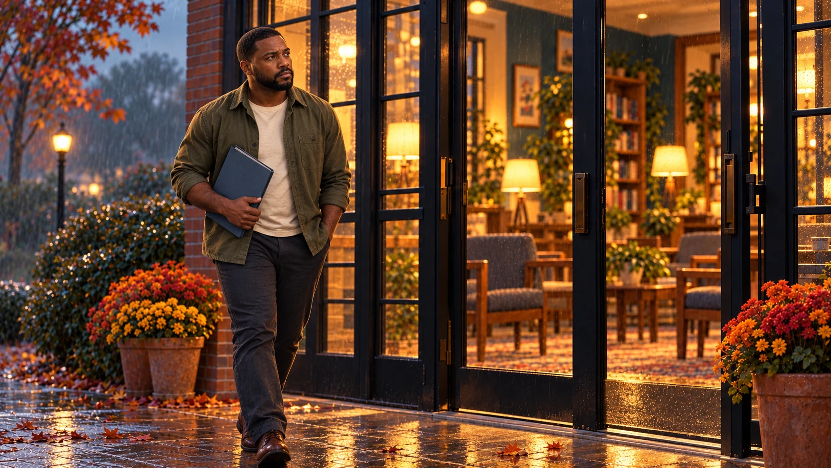 Andre arrives at Hope Street with his planning folder.